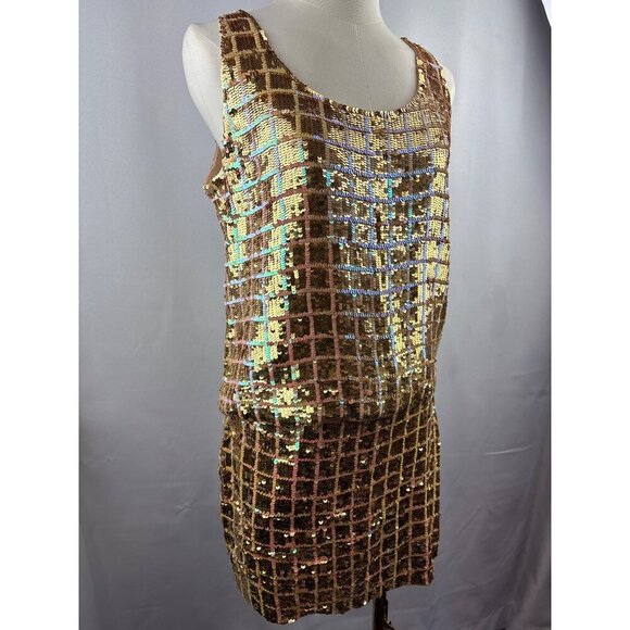 Moda International Sequin Top & Skirt Set S/4 Gold & Bronze 100% Silk Made In Ch - Picture 3 of 8